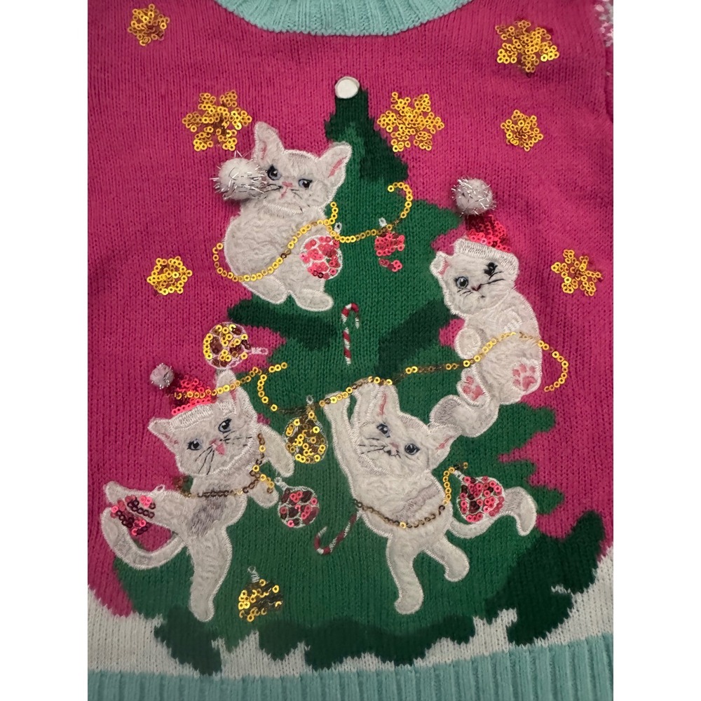 Girls Pink Kitten Christmas Tree Ugly Sweater Sequin XS 6 6X Holiday - Picture 3 of 7